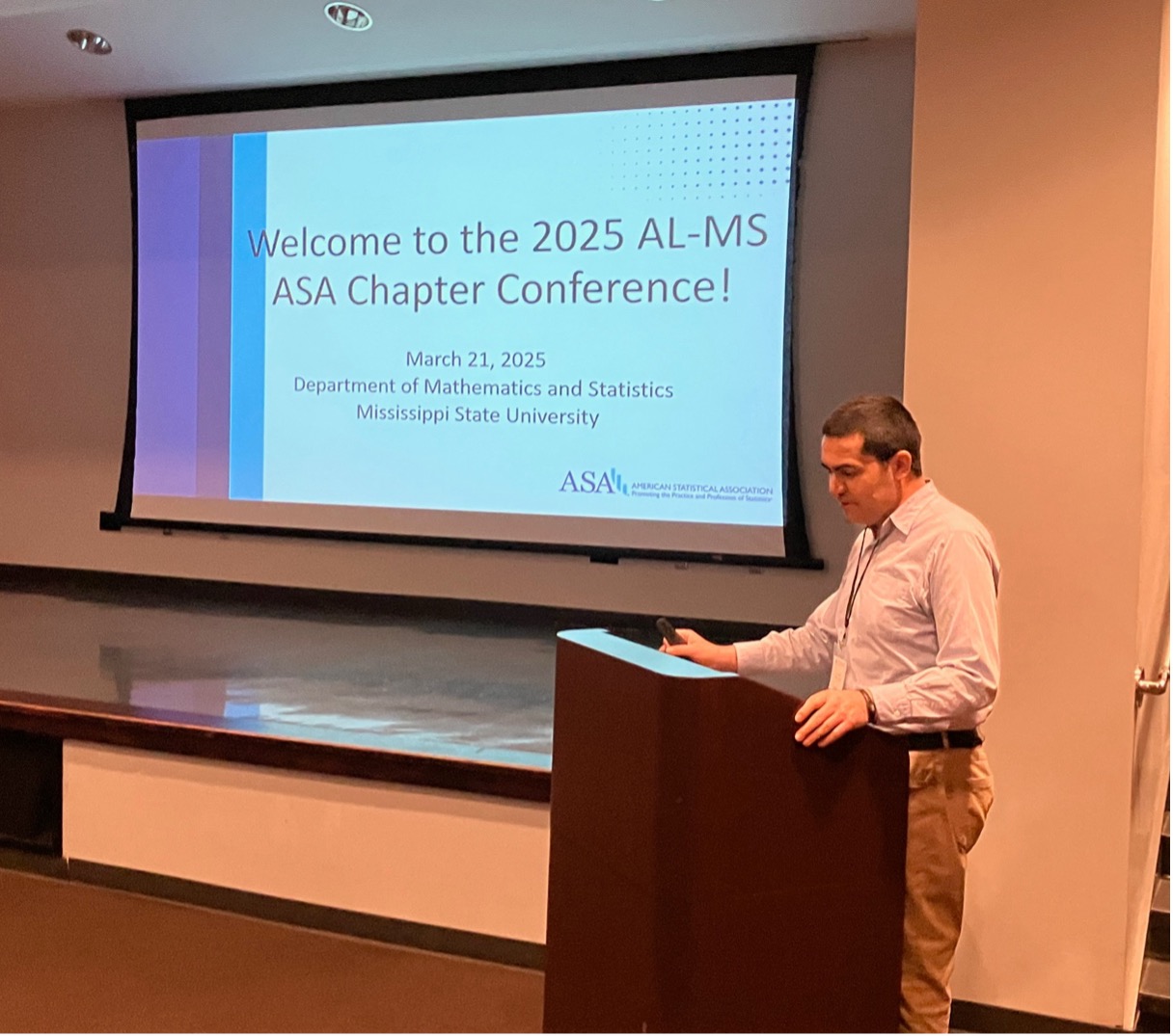 Dr. Elvan Ceyhan, President of the Alabama-Mississippi Chapter of the ASA and Marguerite Scharnagle Endowed Professor at Auburn University, presides over the conference.